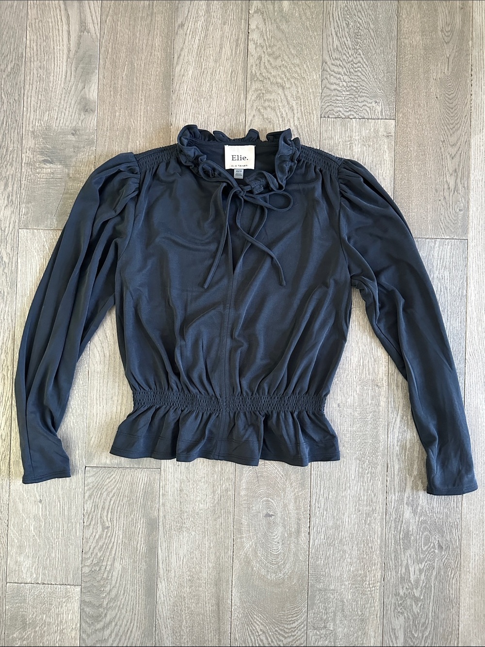 Elie Tahari Black Ruffle Neck Tie-Front Long Sleeve Blouse